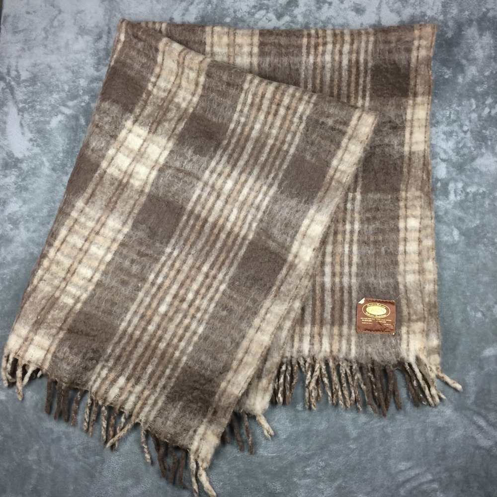 Vintage Eatons Wool Blanket Brown Plaid 52"x59" Made Italy Fringe Retro Tartan